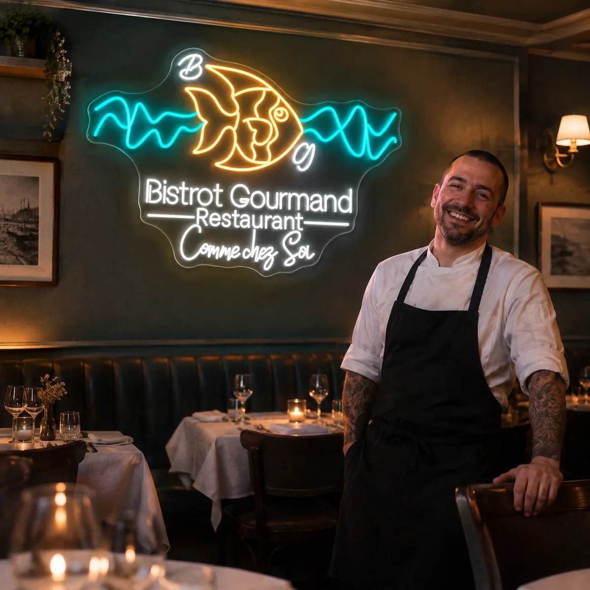 Leuchtreklame nach Maß in einem Restaurant: LED-Neon-Logo mit Fisch, Wellen, Kochmütze und Besteck