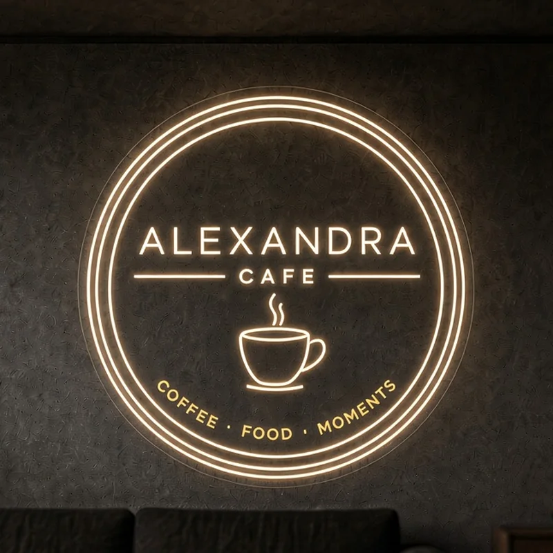 Rendu réaliste du néon Alexandra Café allumé sur un mur
