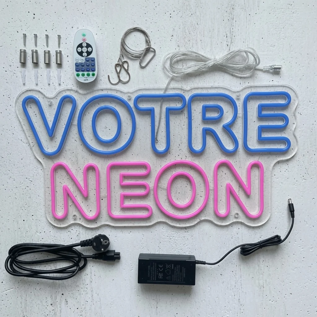 Contenu du colis néon sur mesure HELIONEON : néon LED, transformateur, télécommande, kit de fixation et pastilles adhésives