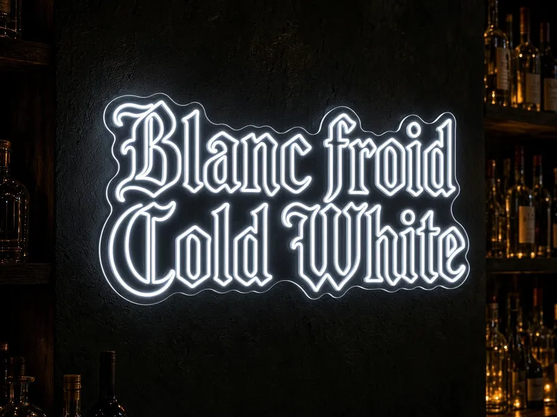 Neón LED blanco frío de Helioneon: letras góticas luminosas en la pared oscura de un bar, tubo de silicona sobre acrílico transparente