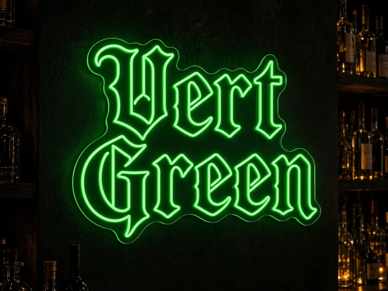 Neón LED verde de Helioneon: letras góticas verde intenso encendidas, rótulo mural para restaurante o tienda