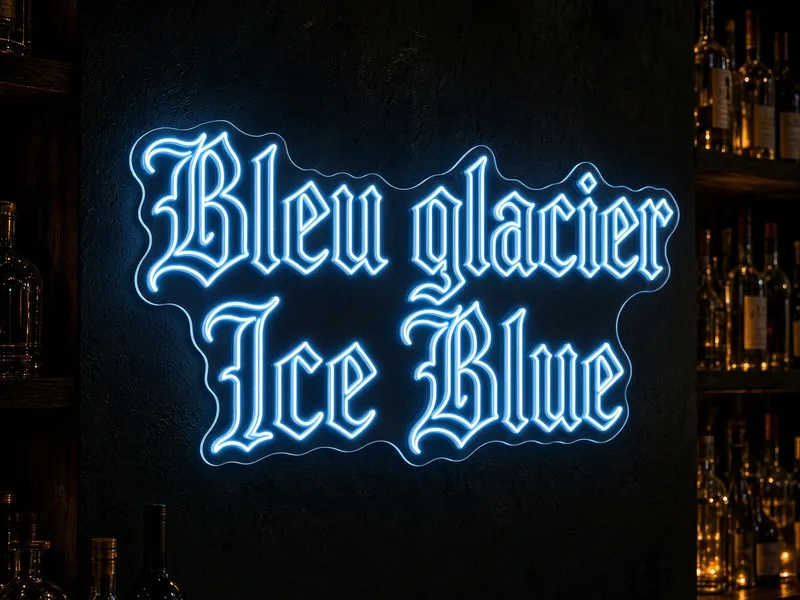 Neón LED azul hielo de Helioneon: letras azul claro luminosas sobre acrílico recortado, decoración de salón o dormitorio