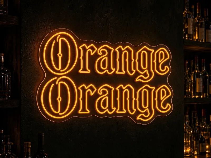 Neón LED naranja de Helioneon: letras góticas anaranjadas sobre pared negra, ambiente cálido de pub o brasserie