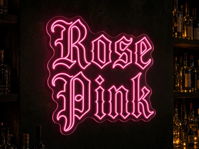 Neón LED rosa de Helioneon: rótulo gótico fucsia ante estantes de bar, decoración mural de tendencia