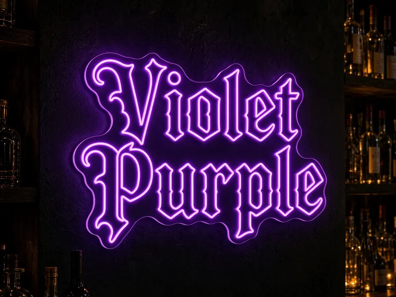 Neón LED violeta de Helioneon: letras góticas violeta luminosas sobre pared oscura, ambiente lounge o sala de juegos