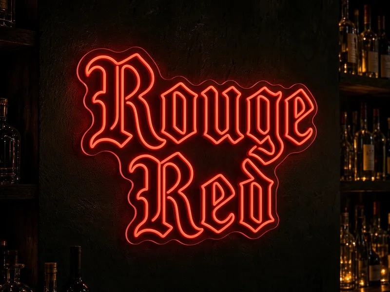 Neón LED rojo de Helioneon: letras góticas rojo vivo sobre pared negra, rótulo luminoso para bar nocturno
