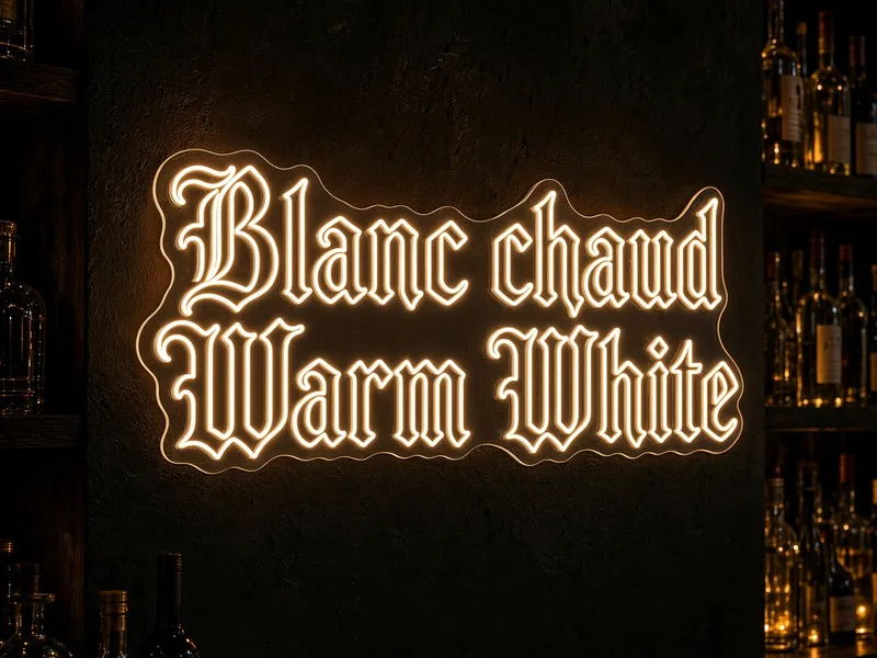 Neón LED blanco cálido de Helioneon: rótulo acogedor para restaurante, letras góticas encendidas ante estantes de botellas