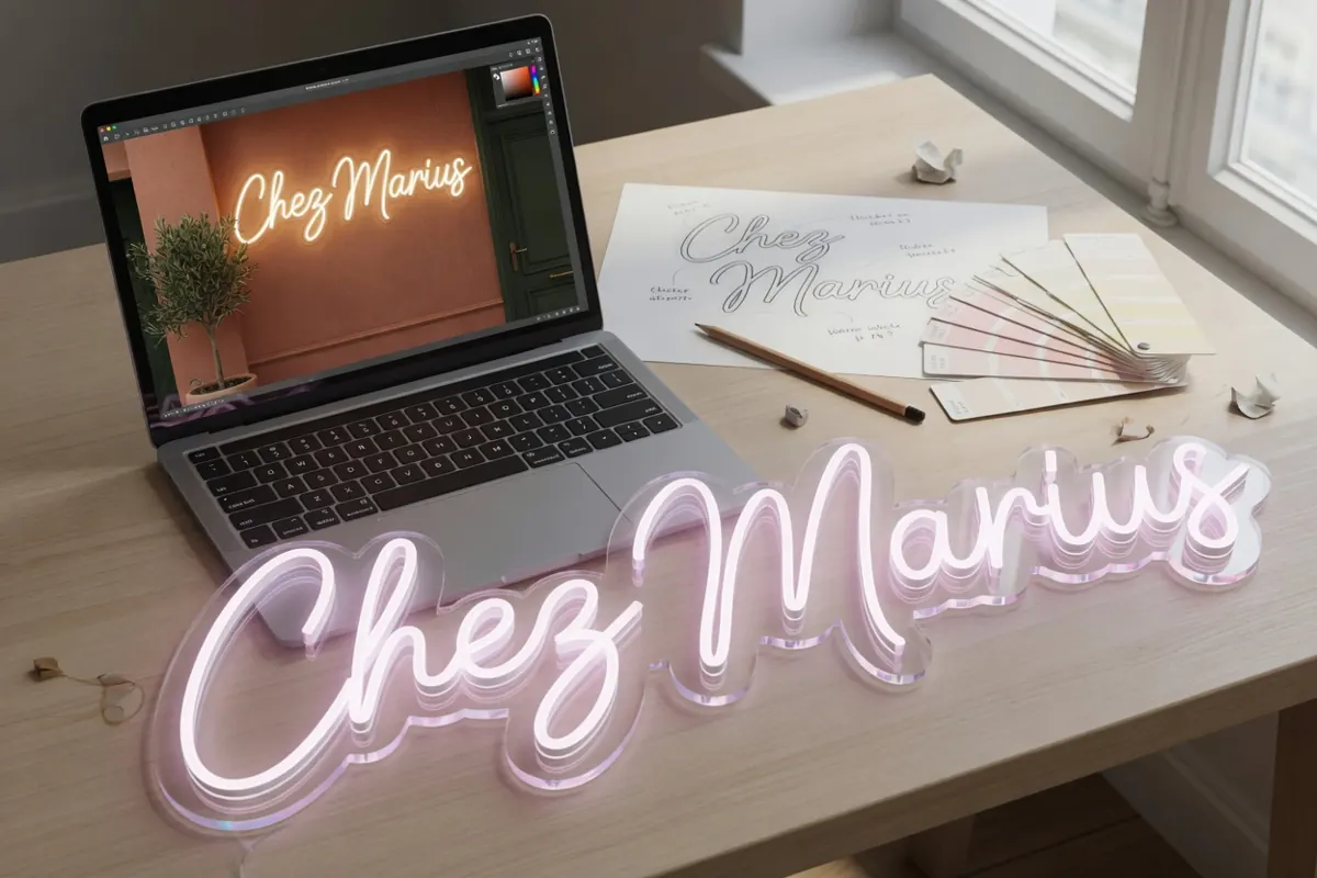 Maquette 3D d'une enseigne néon « Chez Marius » affichée sur un ordinateur, à côté du croquis du lettrage et du néon fabriqué