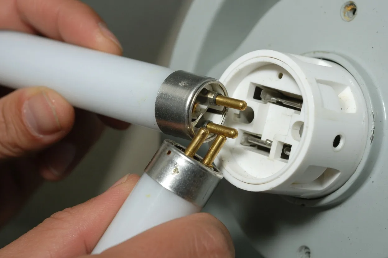 Insertion d'un tube fluorescent neuf : broches du culot engagées dans la fente de la douille