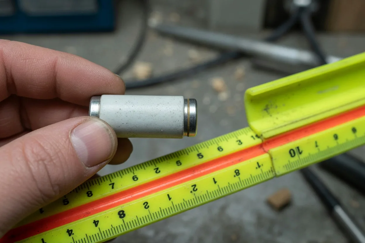 Petit starter cylindrique tenu entre deux doigts devant une réglette fluorescente ouverte