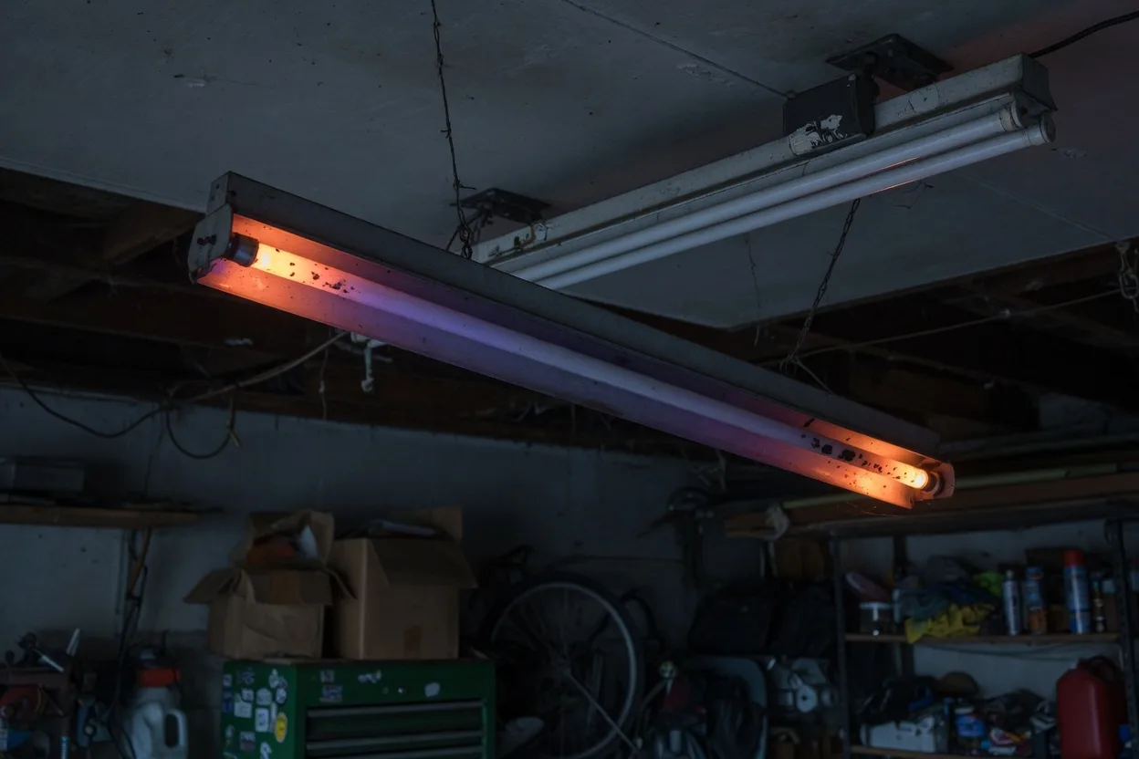 Réglette fluorescente dont le tube ne s'allume pas, extrémités rougeoyantes dans un garage sombre