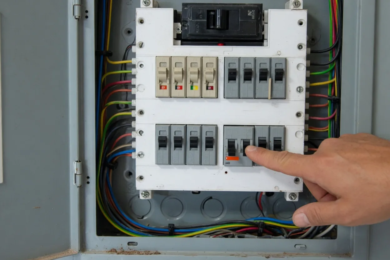 Main abaissant un disjoncteur dans un tableau électrique domestique avant intervention