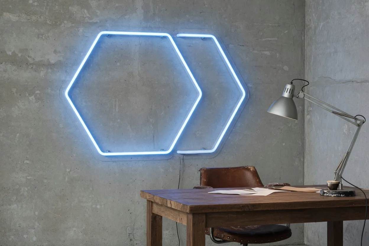 Néon bleu froid de forme géométrique dans un bureau au mur de béton brut, lampe articulée métallique