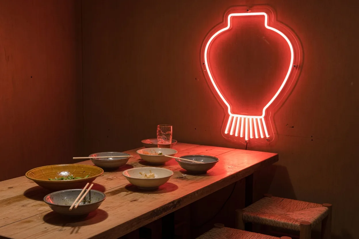 Néon rouge en forme de lanterne japonaise au-dessus d'une table en bois brut, ambiance izakaya