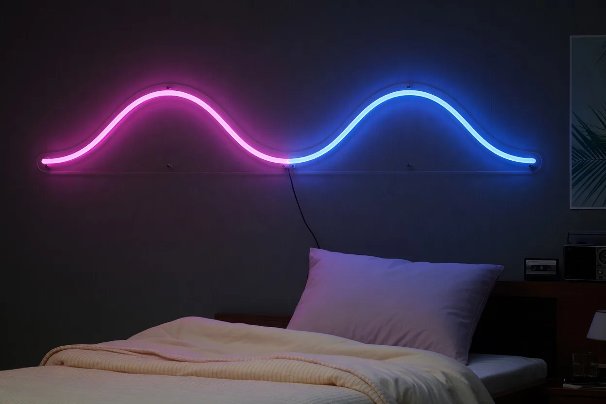 Néon rose magenta et bleu électrique en forme de vague au-dessus d'un lit, ambiance citypop nocturne