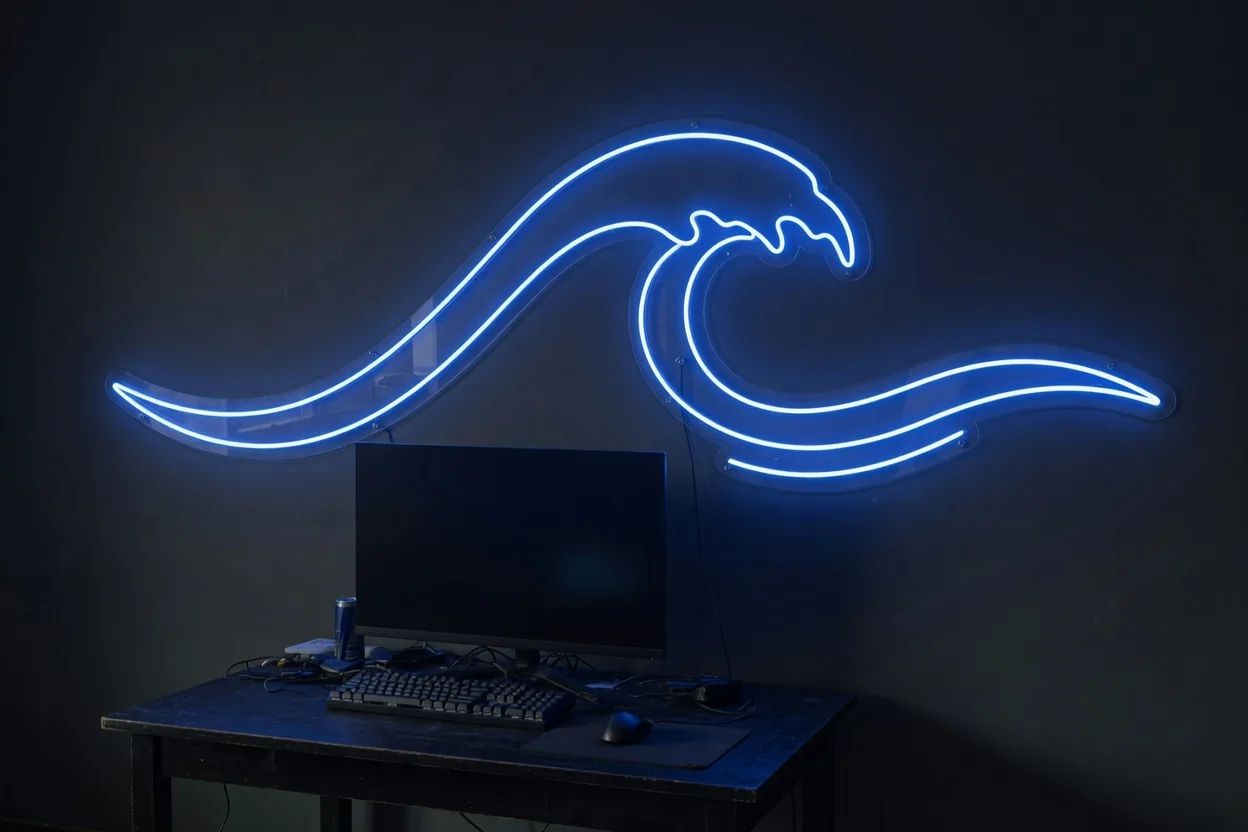 Néon bleu électrique en vague stylisée au mur d'un bureau de jeu vidéo dans la pénombre