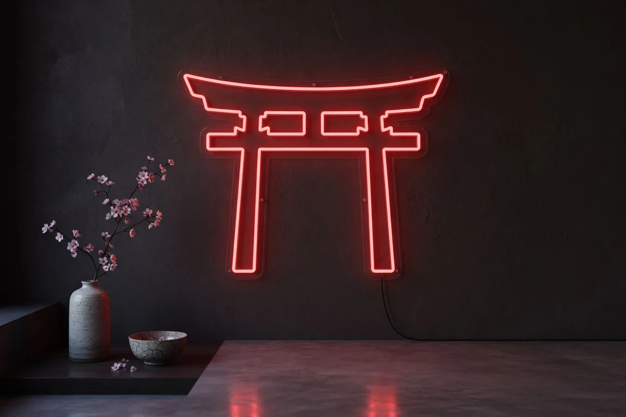 Rosa LED-Neon in Form von Bonsoir in einem modernen französischen Wohnzimmer zur goldenen Stunde