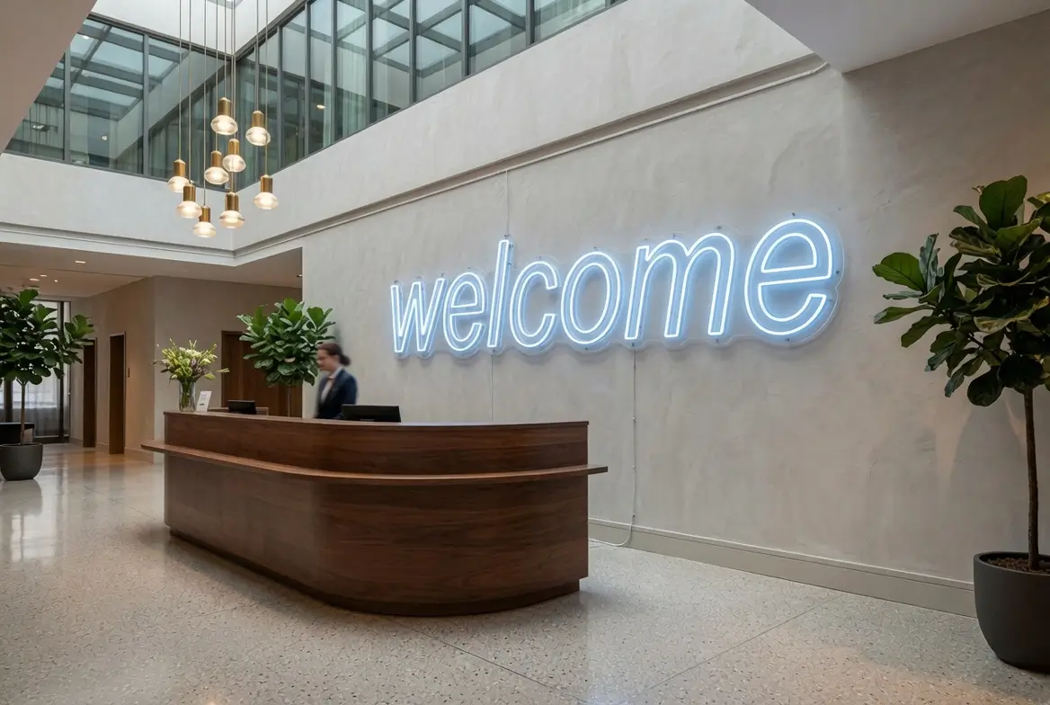 Néon LED dans un hall d'accueil luxueux, ambiance corporate premium