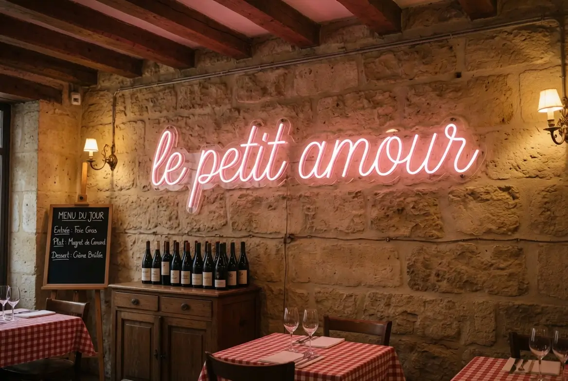 Néon LED personnalisé Bon Appétit dans un restaurant gastronomique, ambiance tamisée dorée