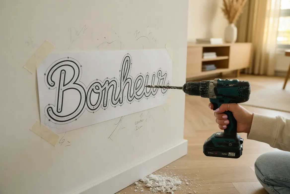 Percage des points de fixation au mur avec une perceuse sans fil pour neon LED