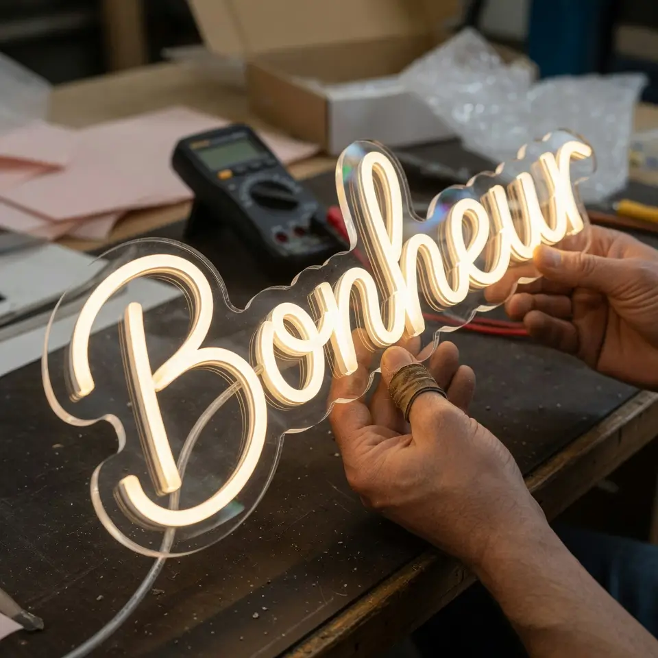 Controle qualite en atelier Helioneon — test electrique d'un neon LED avant expedition