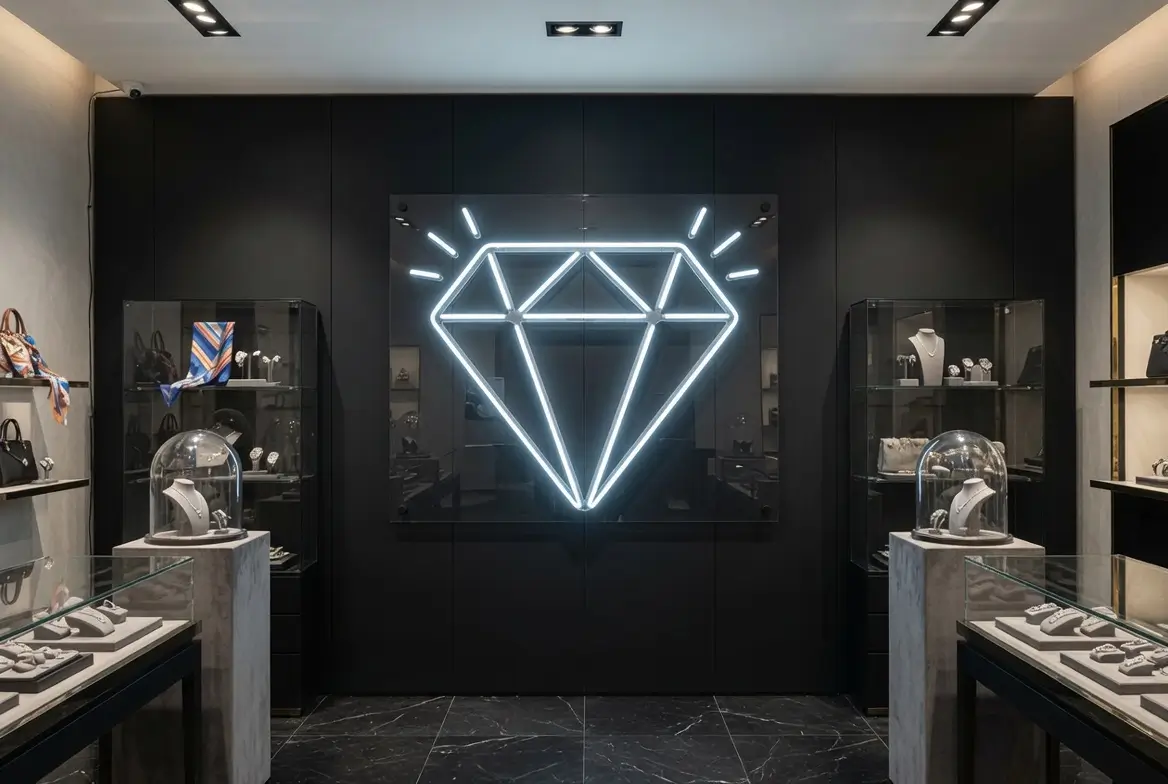 Néon LED diamant doré dans une boutique de bijoux, vitrine illuminée premium