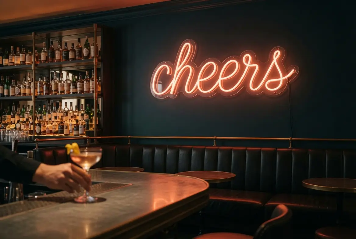 Néon LED ambiance dorée dans un bar-restaurant branché