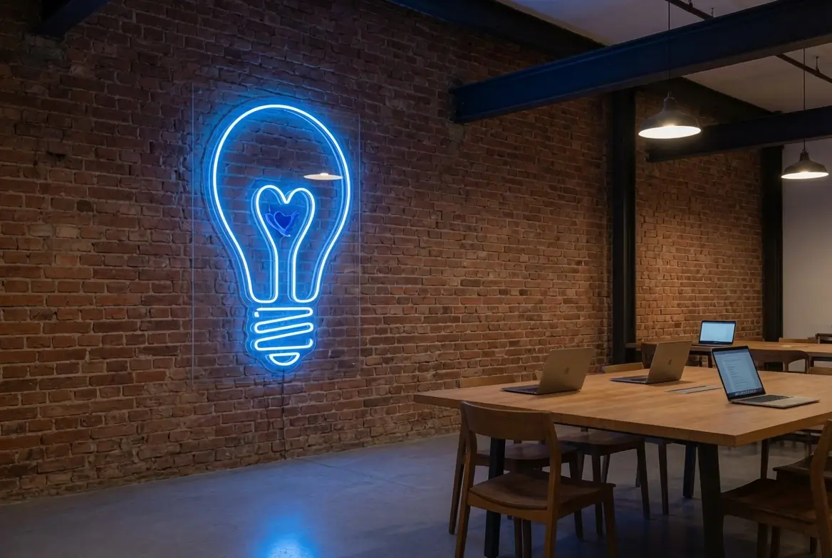 Néon LED en forme d'ampoule lumineuse dans un espace de coworking moderne