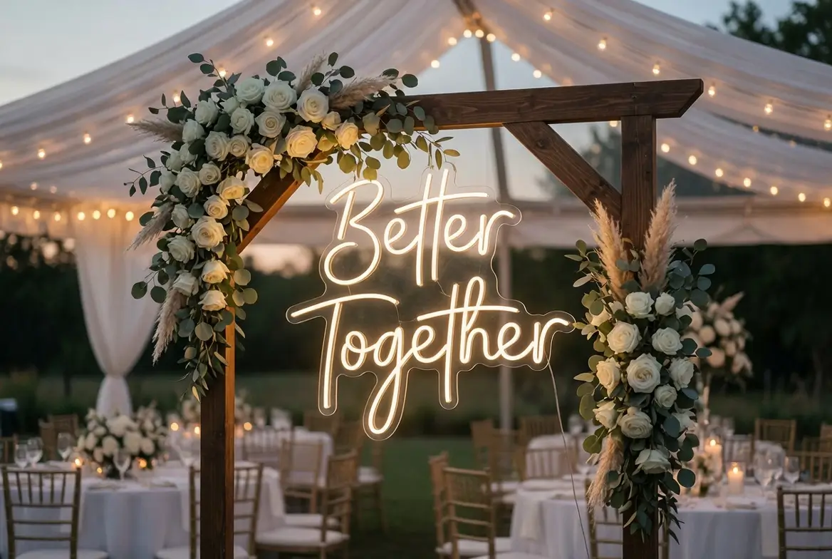 Mariage S&L — néon coeur enlacé