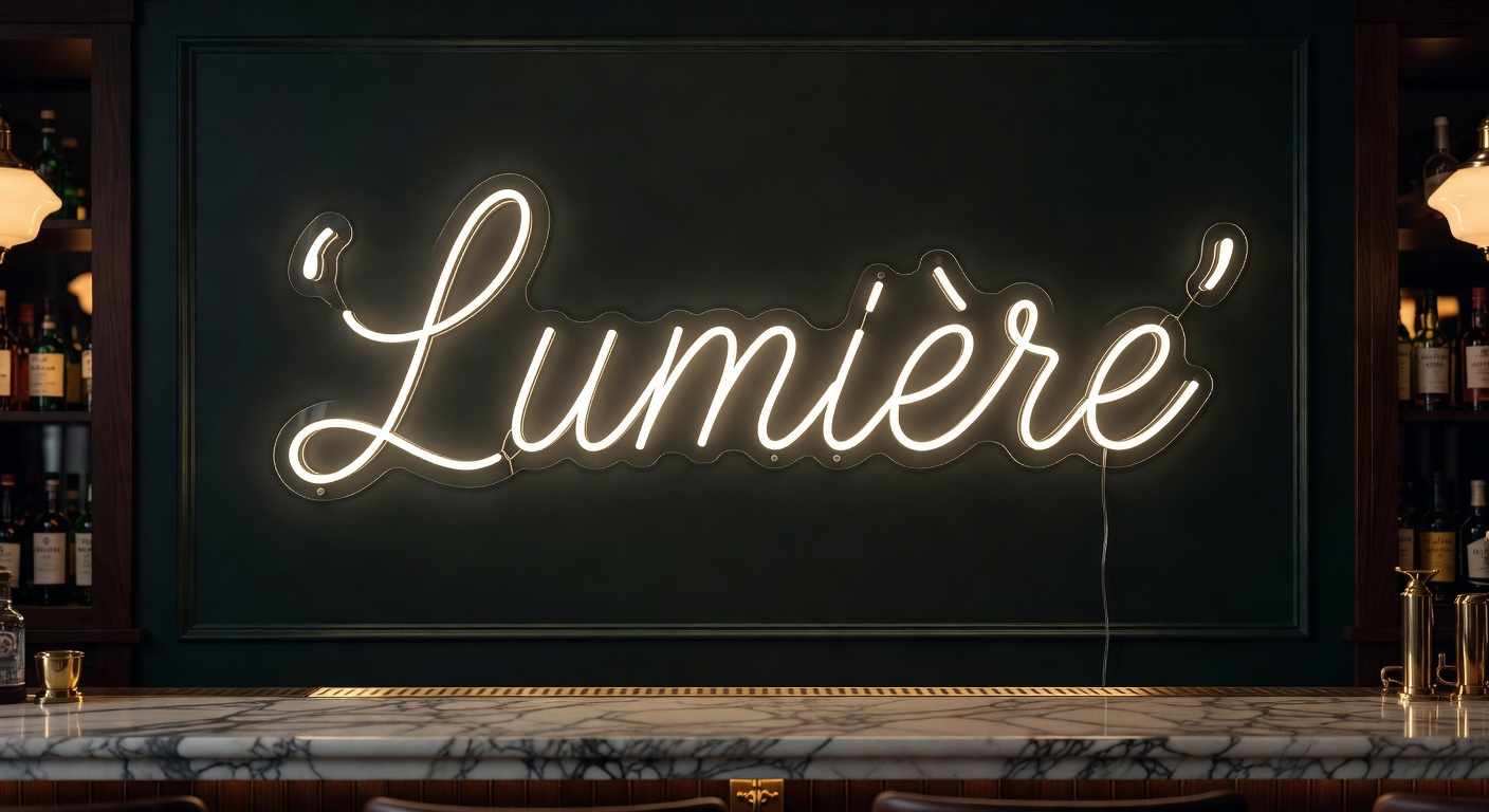 Premium LED neon sign Lumière in cursive above a London cocktail bar with marble counter