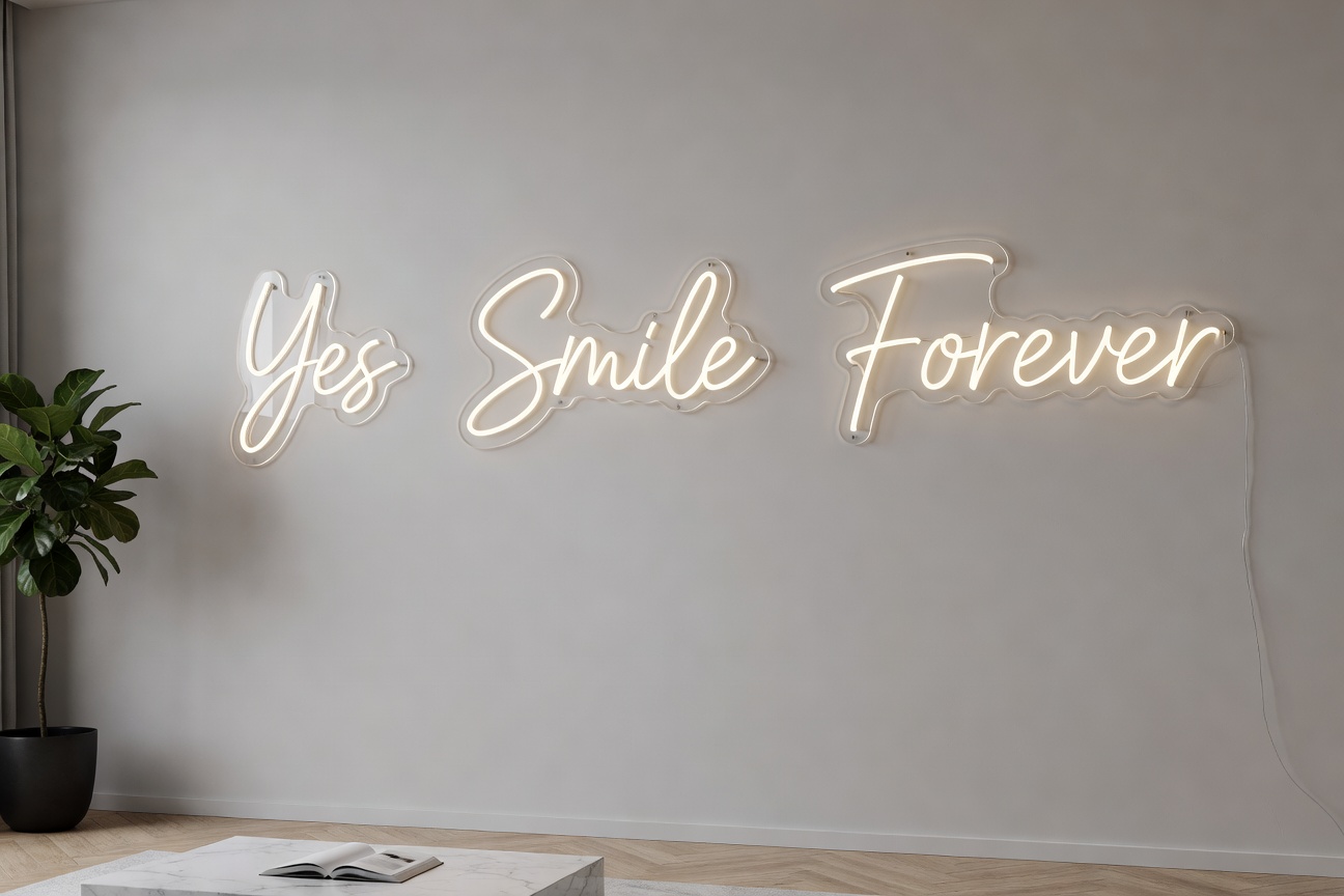 Three custom LED neon signs of different sizes side by side on a UK gallery wall