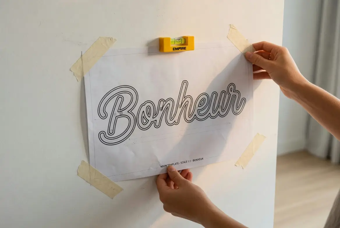 Positionnement du gabarit papier sur un mur blanc pour installer un neon LED Helioneon