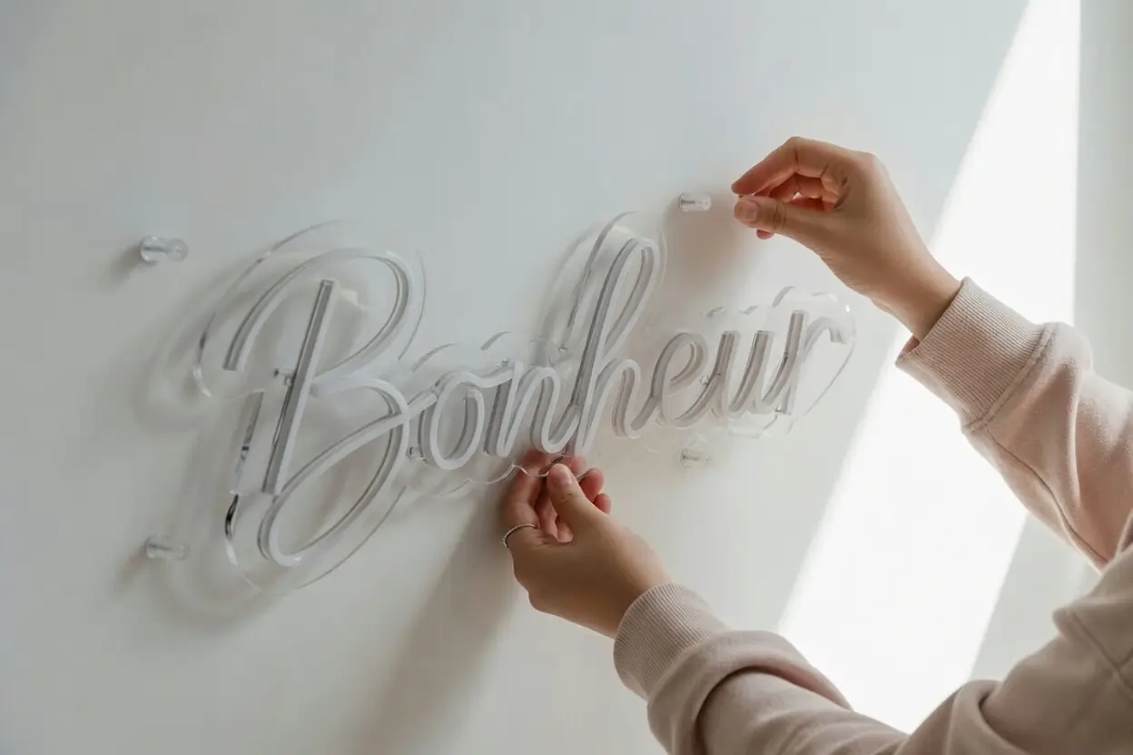 Accrochage du neon LED sur les entretoises murales avec support acrylique transparent Helioneon