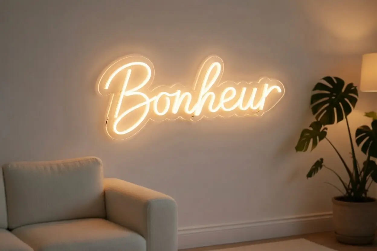 Neon LED Bonheur allume avec halo lumineux blanc chaud sur mur blanc — resultat final installation Helioneon