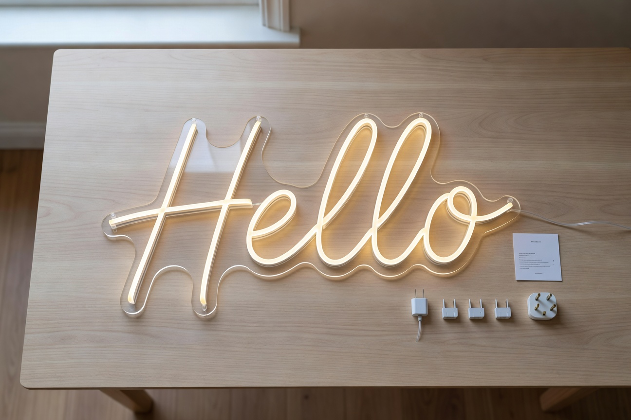 Helioneon LED neon sign unboxed on a wooden table with all components ready to install