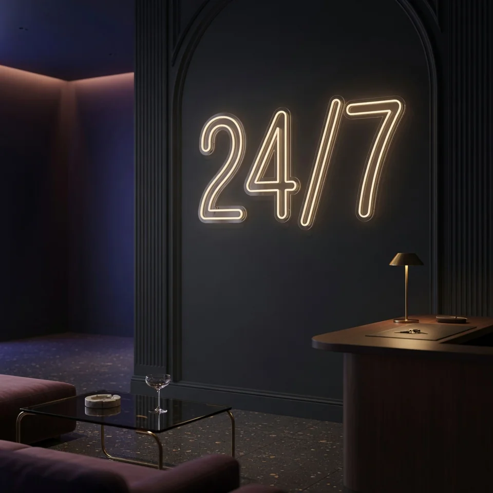Neonskylt hotellobby