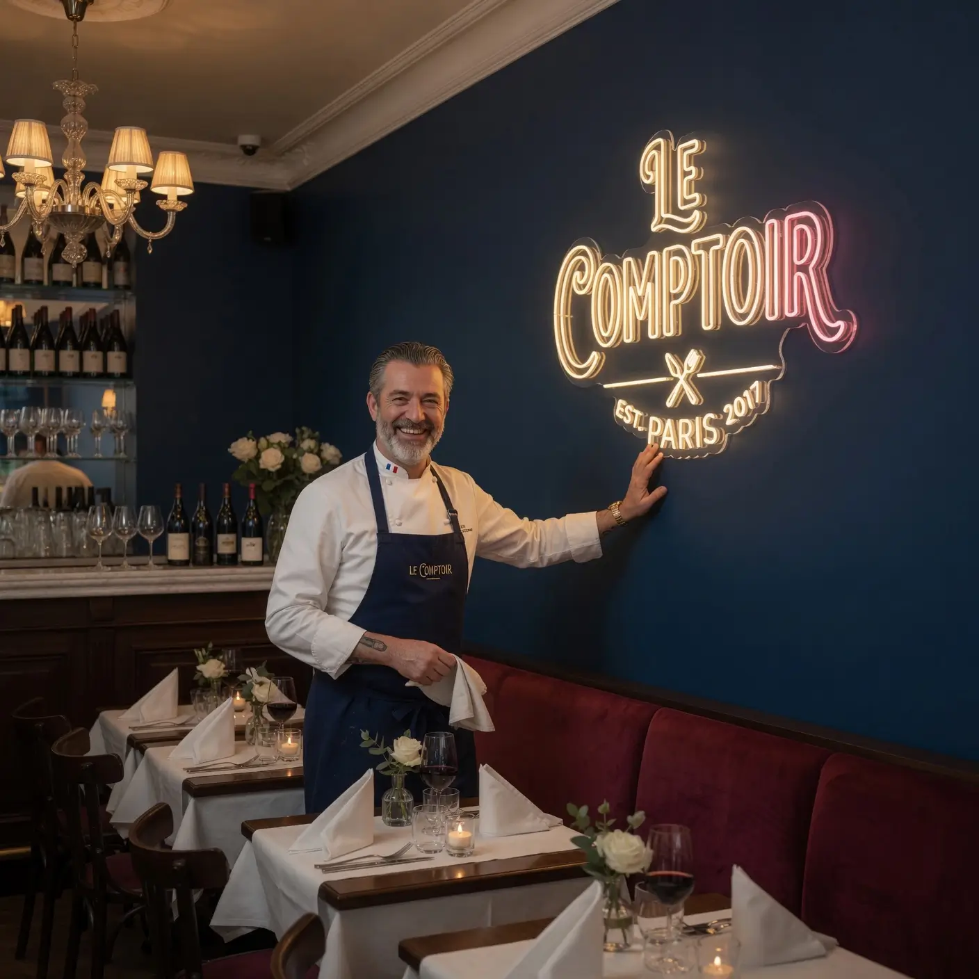 Néon LED sur mesure installé dans la salle d'un restaurant gastronomique, ambiance feutrée et photogénique