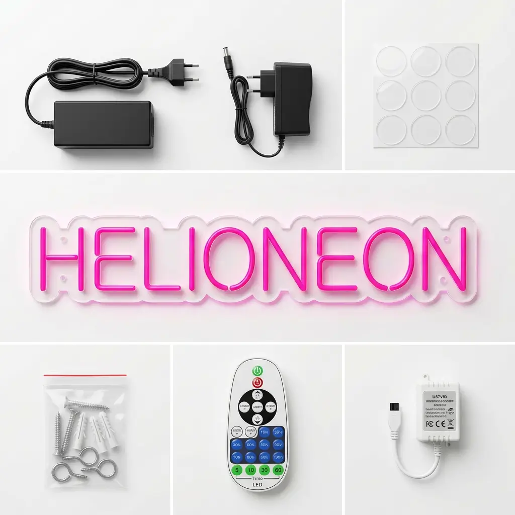 Contenu du colis néon sur mesure HELIONEON — néon LED, transformateur, télécommande, kit de fixation et pastilles adhésives