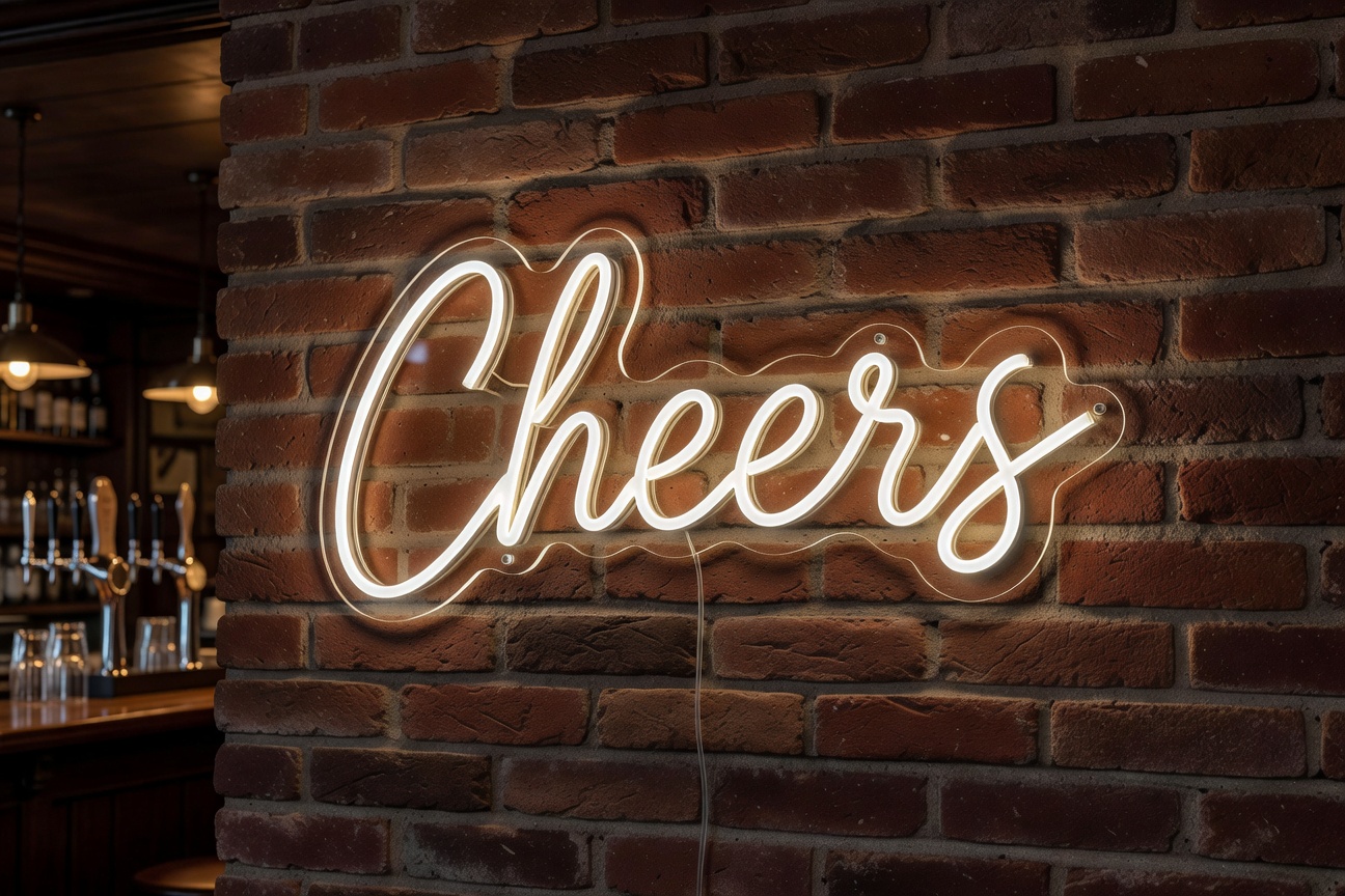 LED neon sign Cheers installed on an exposed brick wall in a British pub