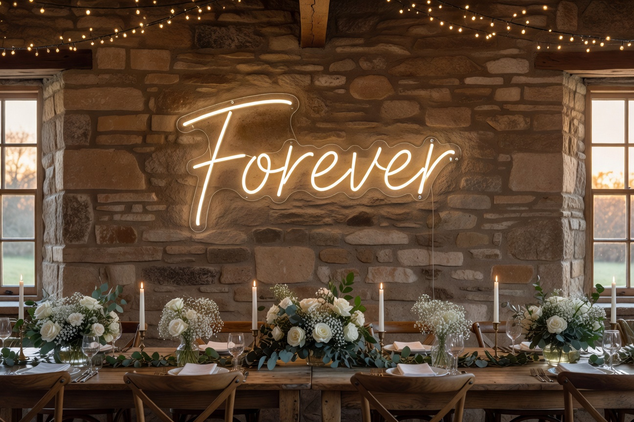 LED neon sign Forever at an elegant English country wedding reception