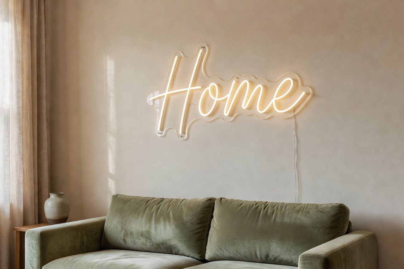 LED neon sign Home above a sage green sofa in a modern British living room