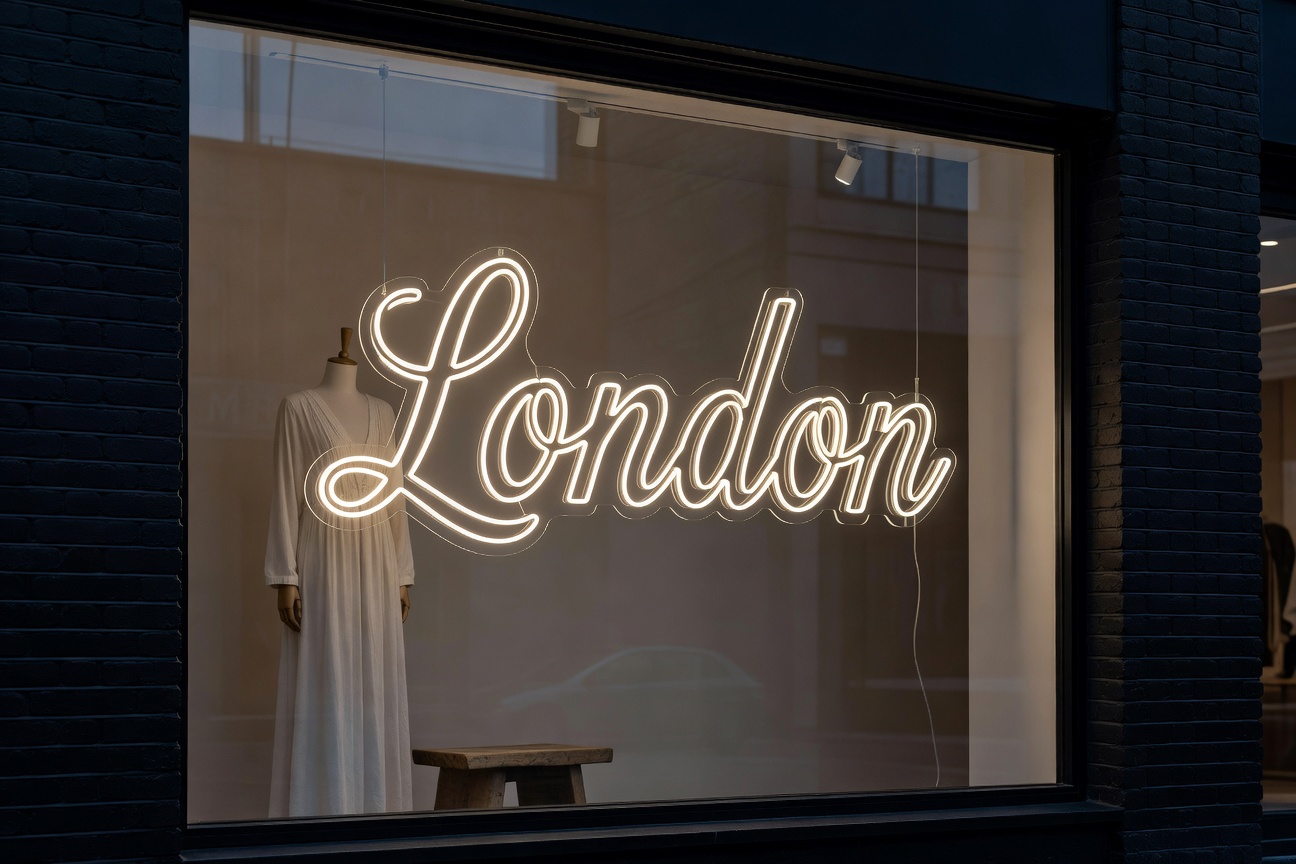 LED neon sign London on a stylish boutique shopfront at dusk in London