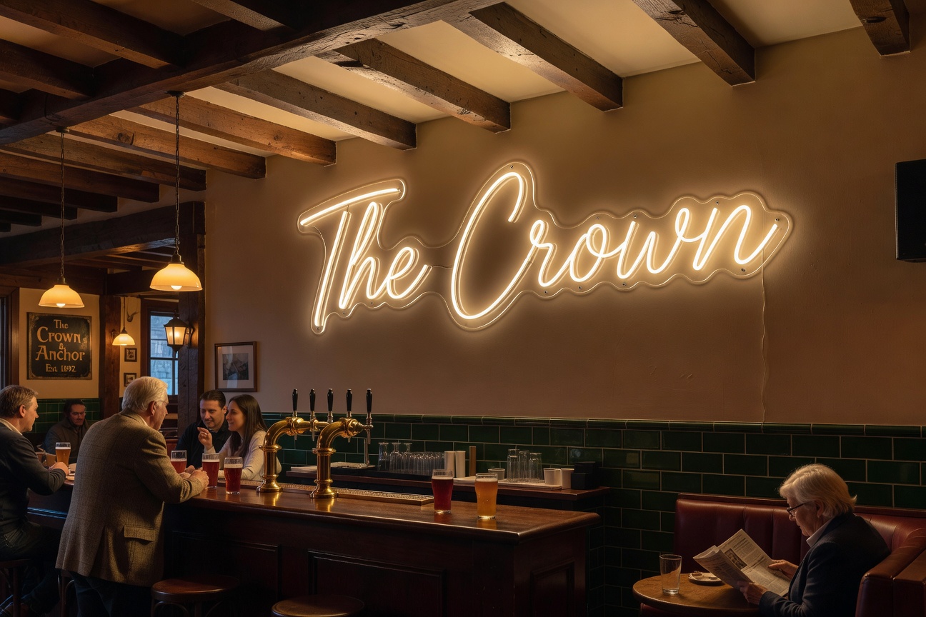 LED neon sign The Crown in a traditional British pub with brass taps and dark green tiles