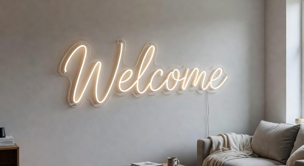 LED neon sign Welcome installed on a clean grey wall in a British home