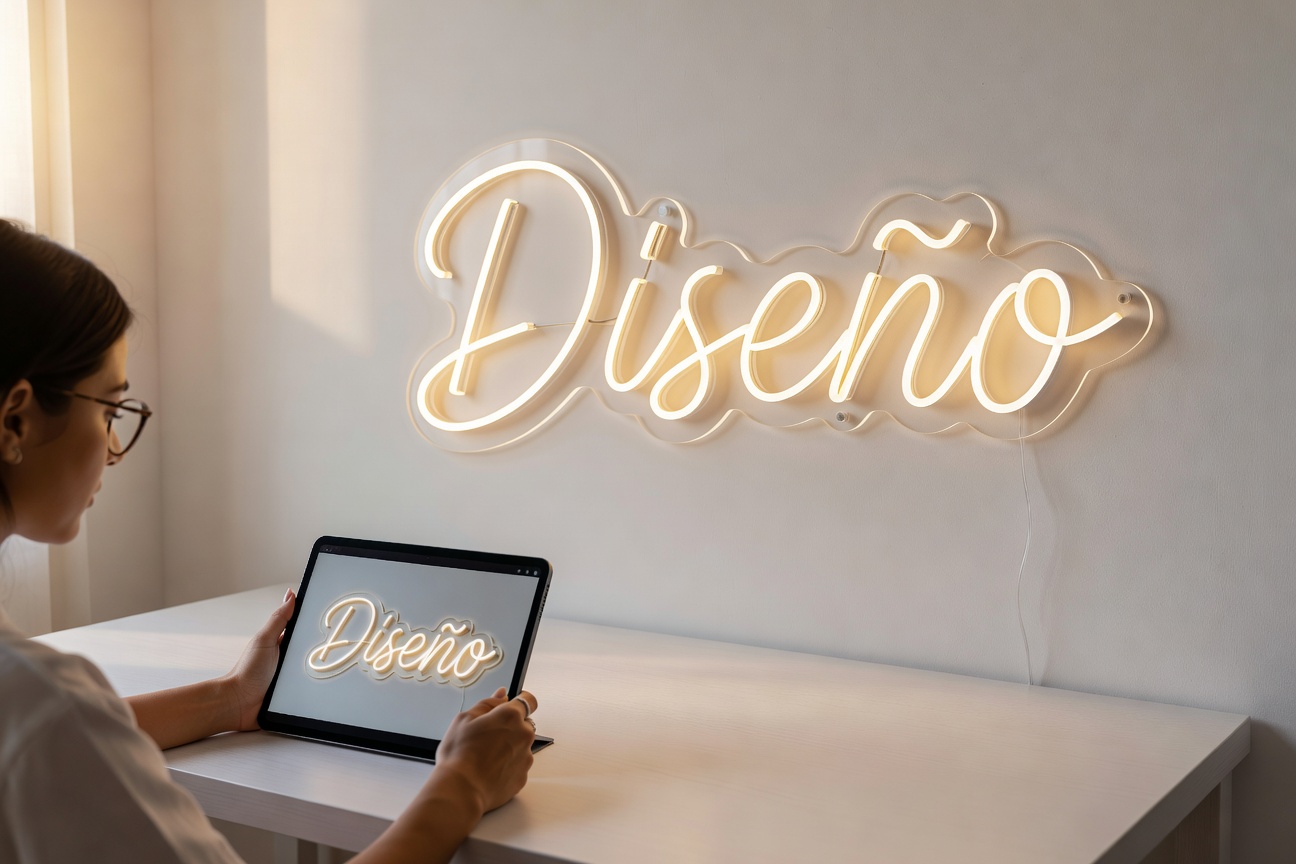 Diseñador trabajando con tablet en maqueta 3D de neón LED personalizado en estudio