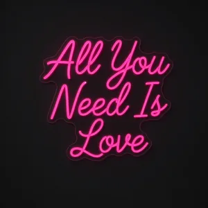Neon LED All You Need Is Love, kolor: różowy, na przezroczystej płycie akrylowej wyciętej po konturze