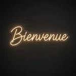 Néon LED Bienvenue blanc chaud, sur plaque en acrylique transparent découpée à la forme
