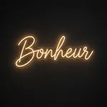 Néon LED Bonheur blanc chaud, sur plaque en acrylique transparent découpée à la forme