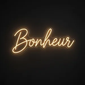 Néon LED Bonheur blanc chaud, sur plaque en acrylique transparent découpée à la forme