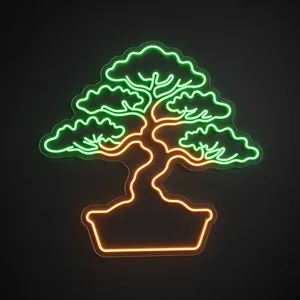Néon LED Bonsai Tree vert et orange, sur plaque en acrylique transparent découpée à la forme